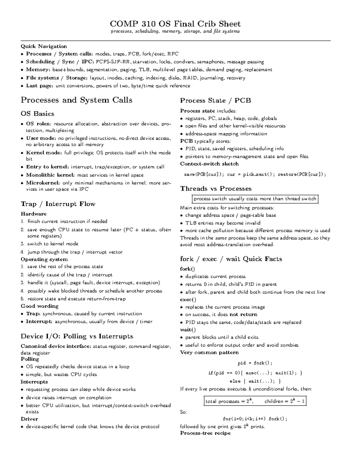 COMP 310 OS Final Exam Ultimate Crib Sheet: Processes, Memory, and More ...