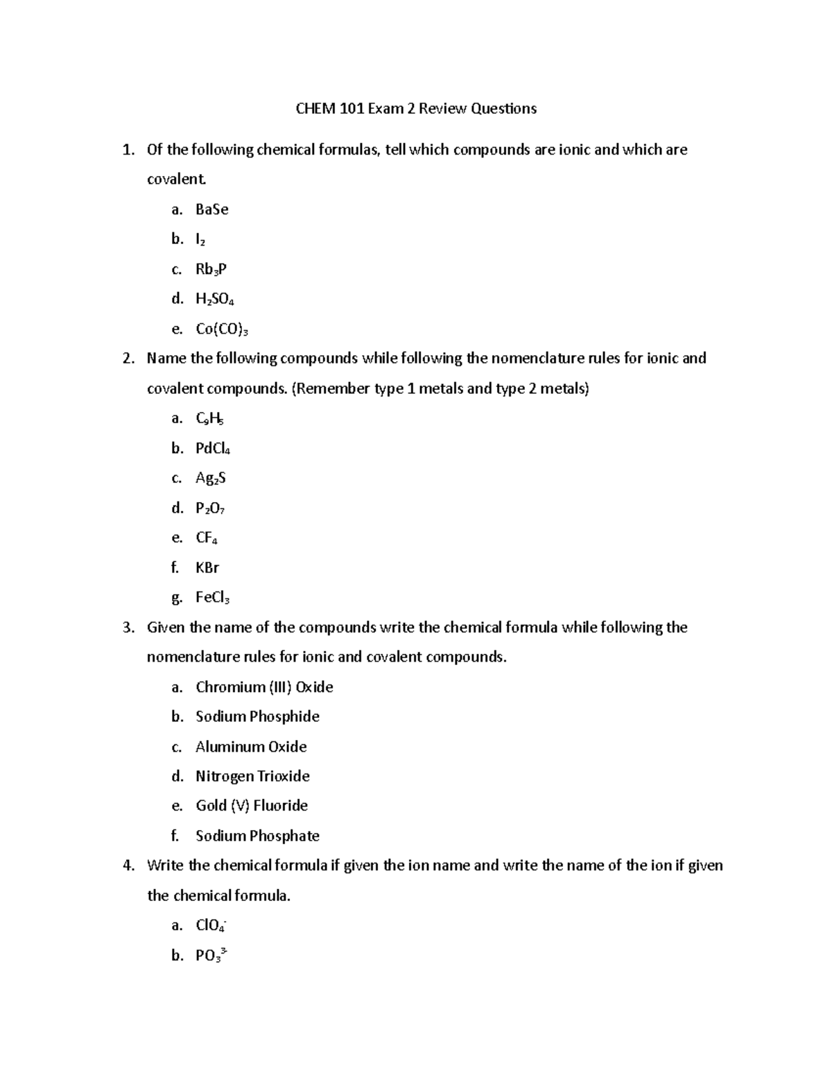 CHEM 101 Midterm Exam 2 Review Questions and Practice Problems - Studocu