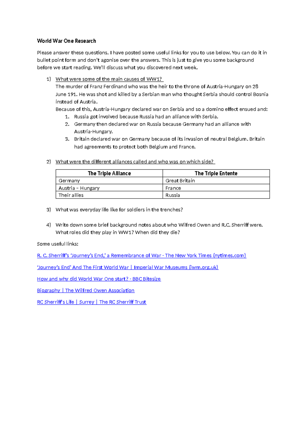 WWI Causes & Alliances: Key Research Notes for 101 History Class - Studocu