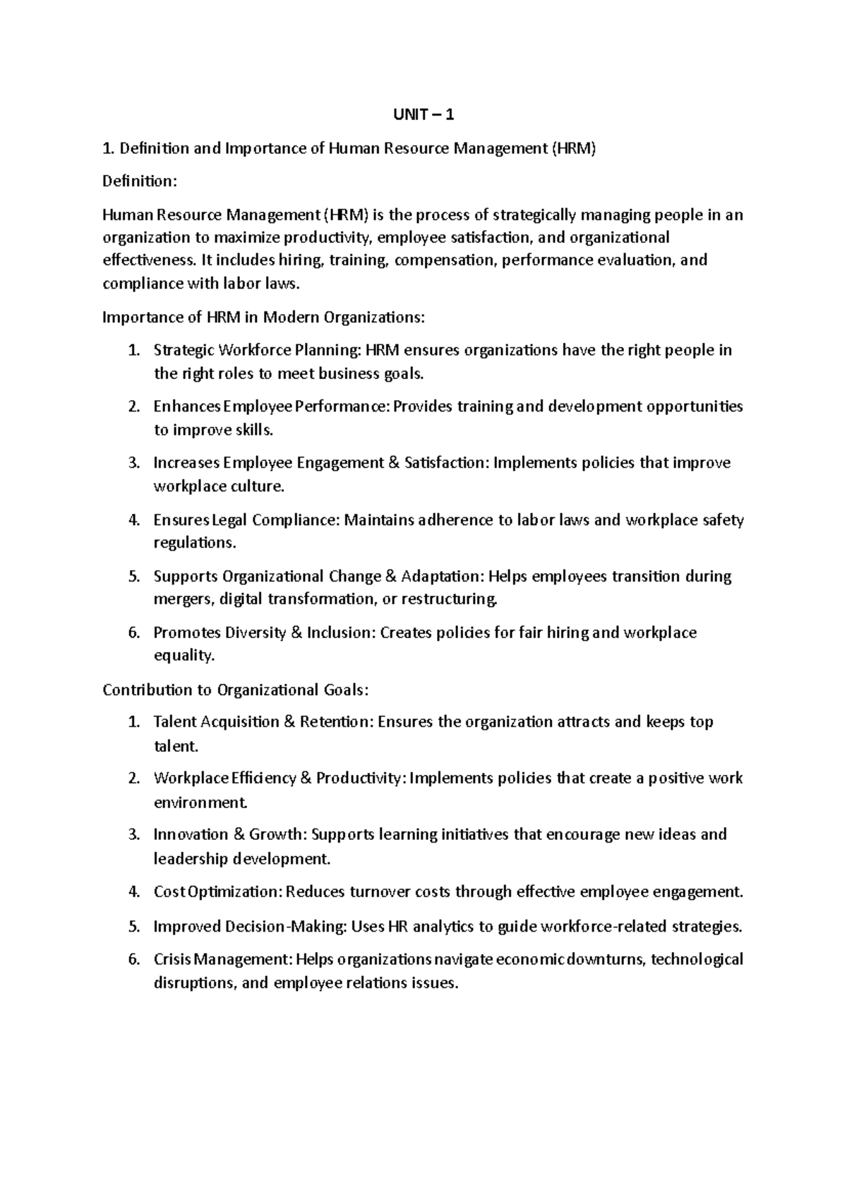 UNIT 1 QB HRM - Key Concepts and Importance of Human Resource ...