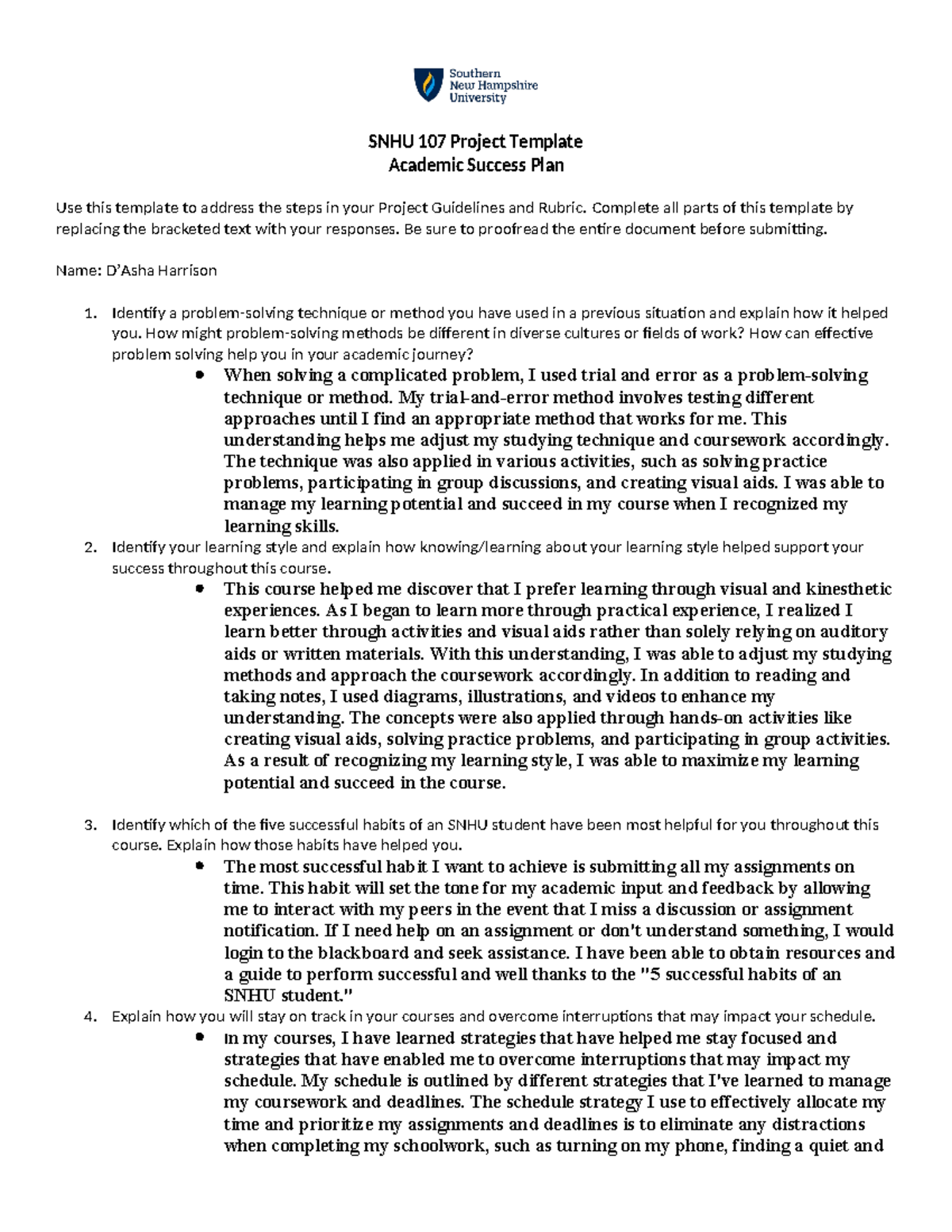 SNHU 107 Module 7-2: Comprehensive Academic Success Plan Template - Studocu