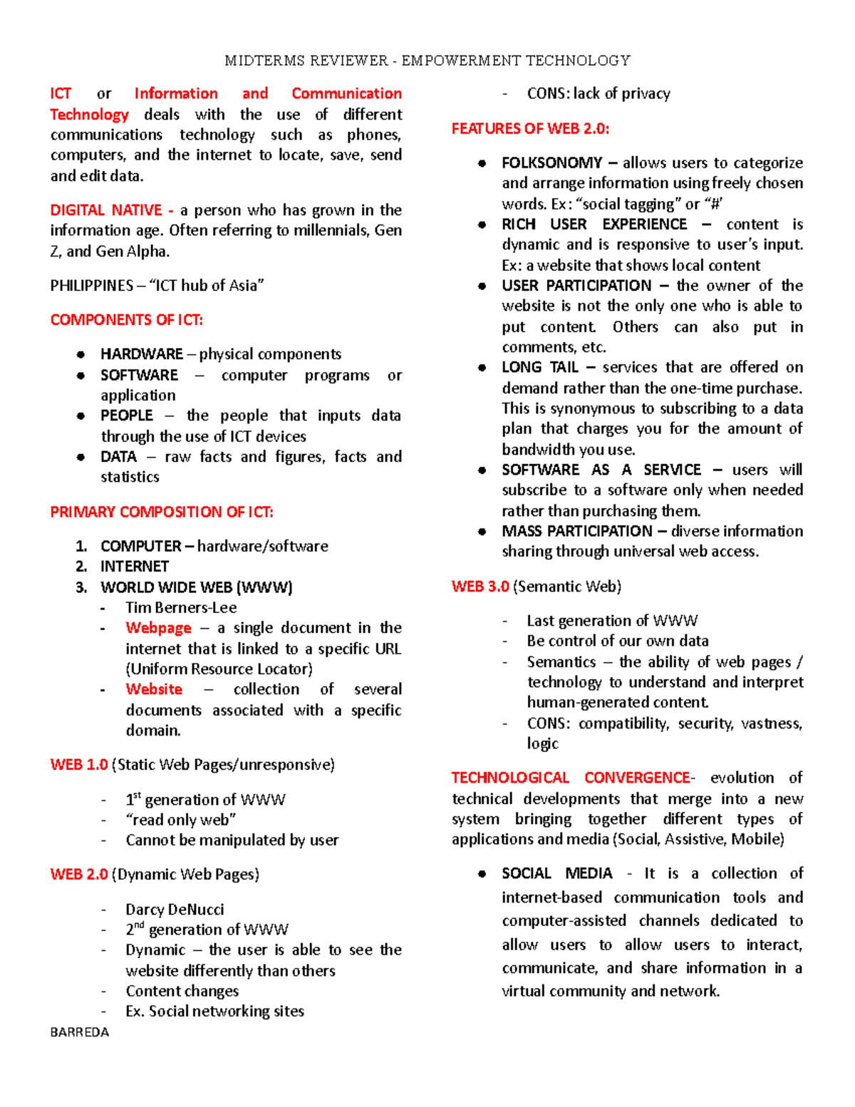 Empotech Midterms Reviewer Barreda - ICT or Information and ...