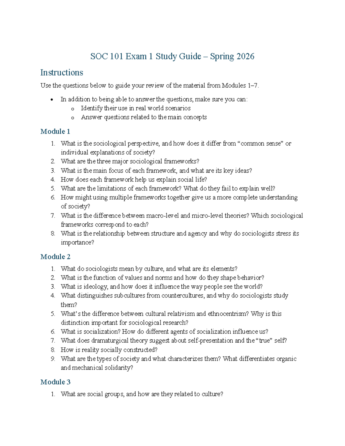 SOC 101 Exam 1 Study Guide - Key Concepts & Frameworks - Studocu