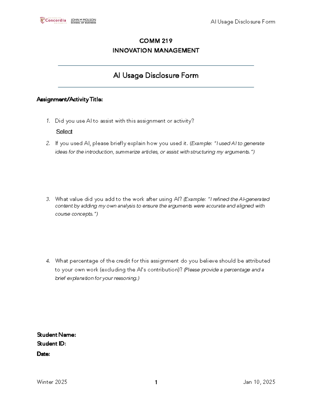 COMM 219: AI Usage Disclosure Form for Winter 2025 Assignment - Studocu