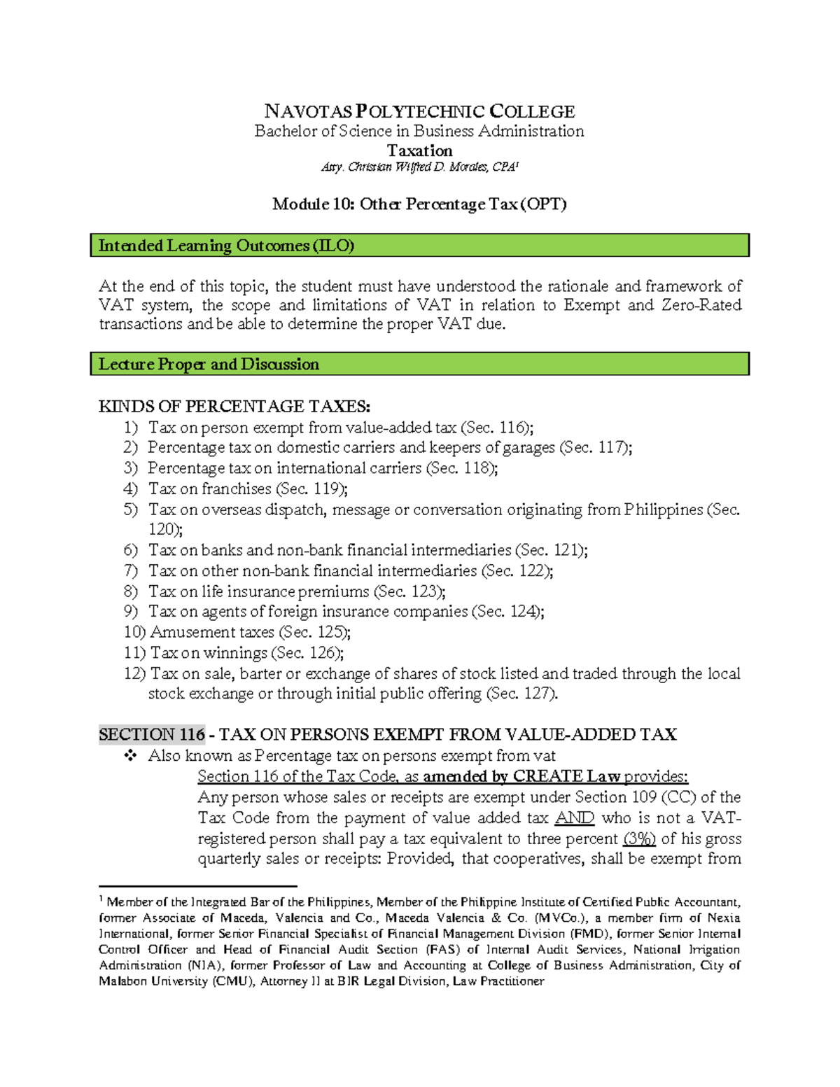 MORALES TAXATION MOD 10: OTHER PERCENTAGE TAXES EXPLAINED - Studocu