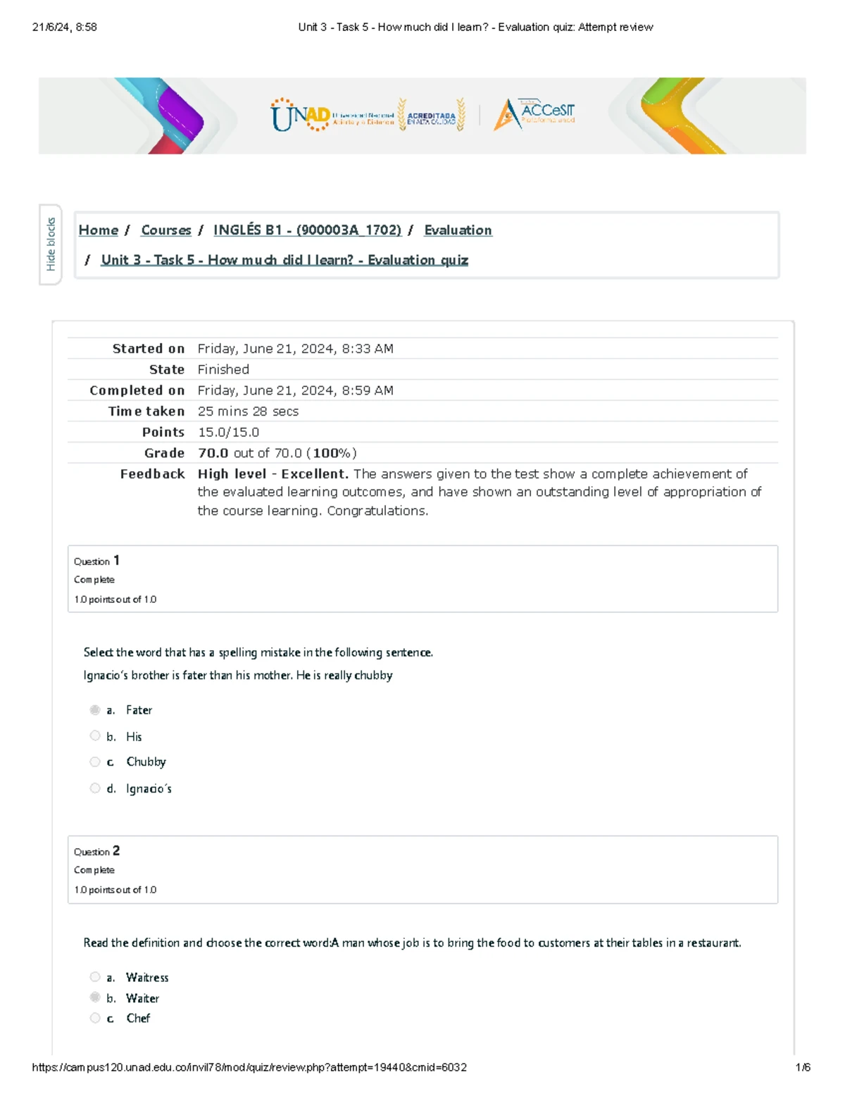 Unit 1 - Task 3 - Content Quiz - Evaluation Results for INGLÉS III ...