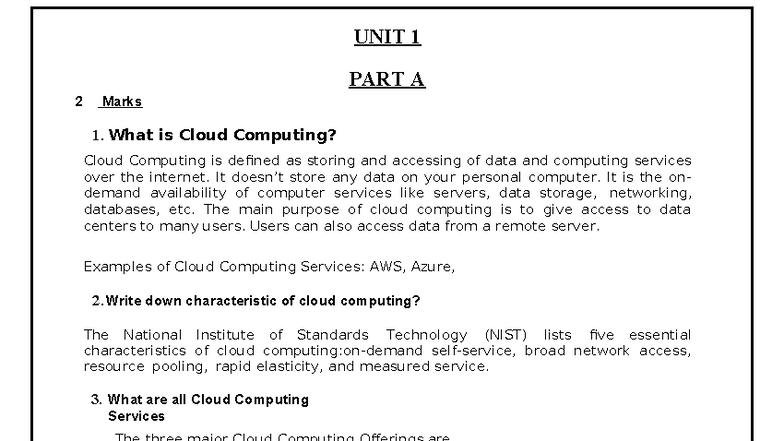 UNIT 1 CC: Overview of Cloud Computing Concepts and Models - Studocu