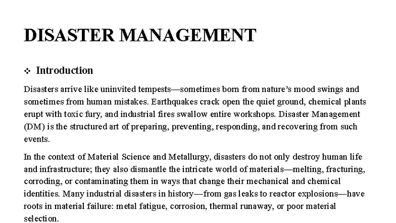 MSM 101: Disaster Management Report on Material Failures - Studocu