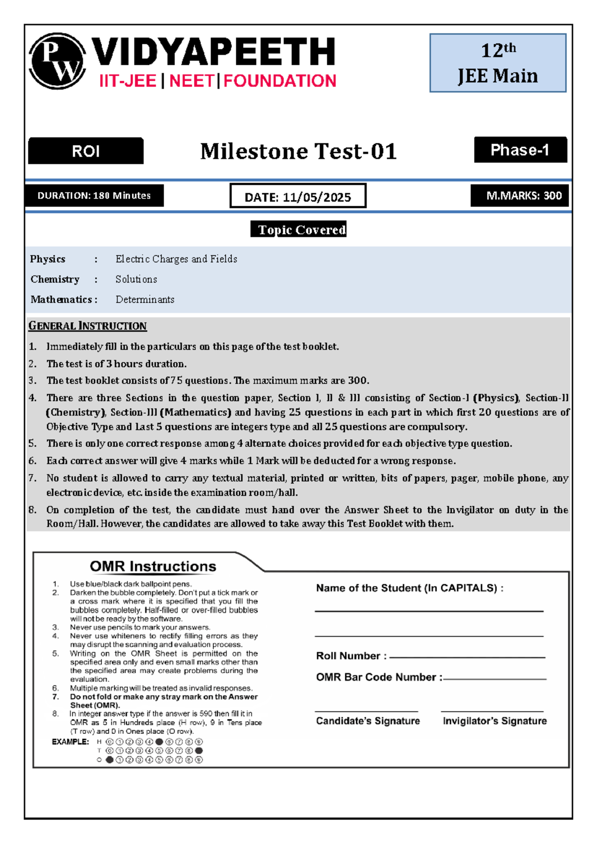 12th JEE Main Physics, Chemistry & Math Milestone Exam Guide - Document Preview