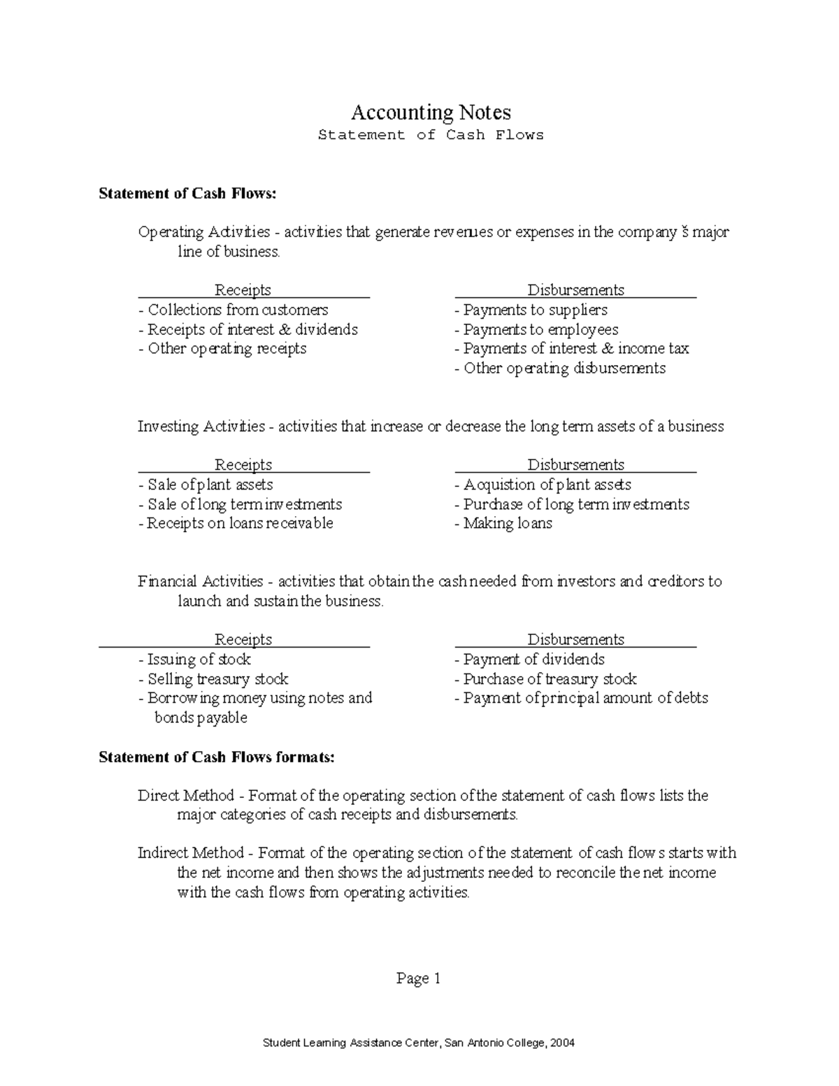ACCT 101: Statement of Cash Flows Cheat Sheet - Direct & Indirect ...