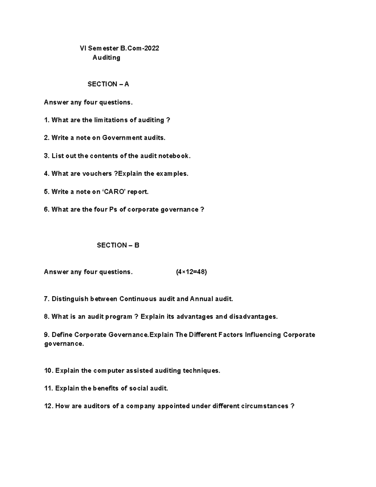 B.Com VI Sem Auditing - Question Paper for Final Exam - Studocu