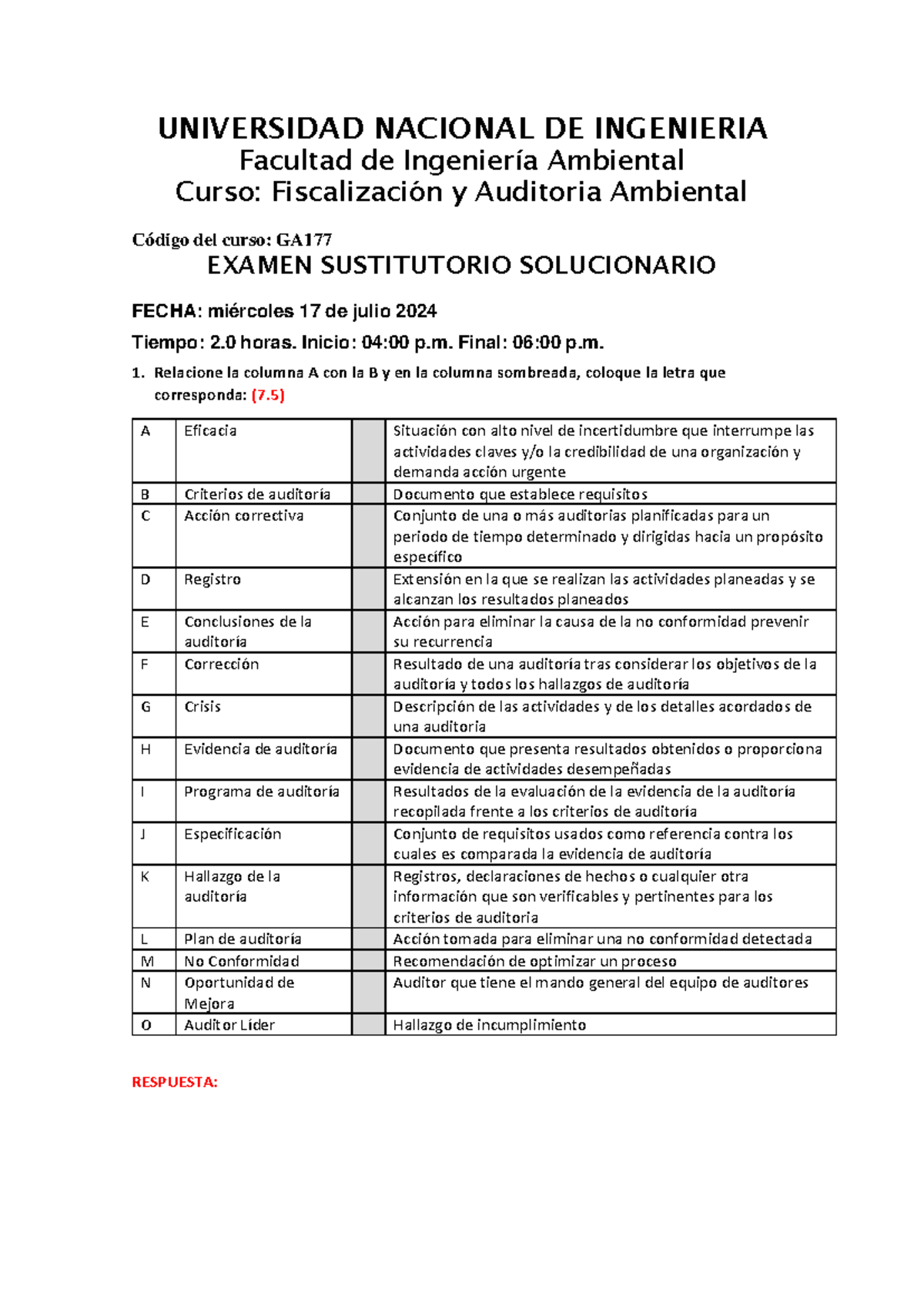 Examen Sustitutorio Solucionario GA - Fiscalización y Auditoría Ambiental - Document Preview