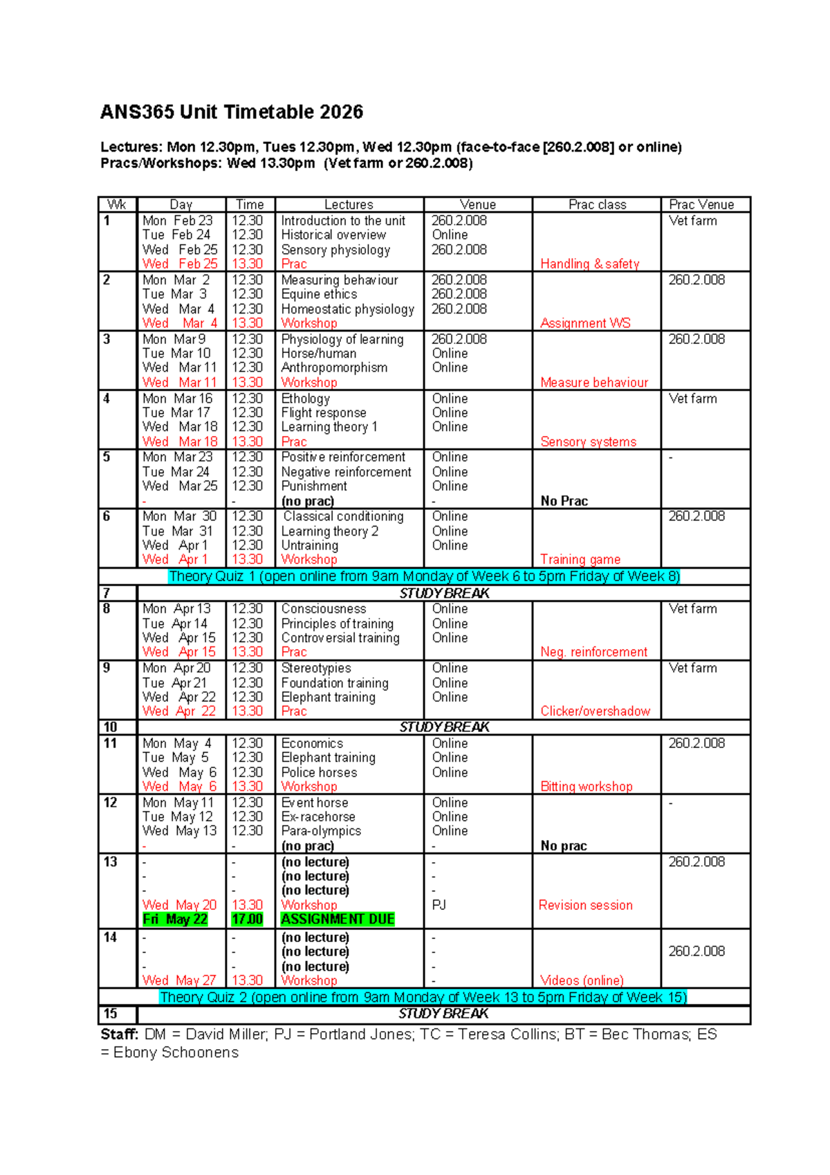 ANS365 2026 Unit Timetable: Lecture Schedule and Details - Studocu