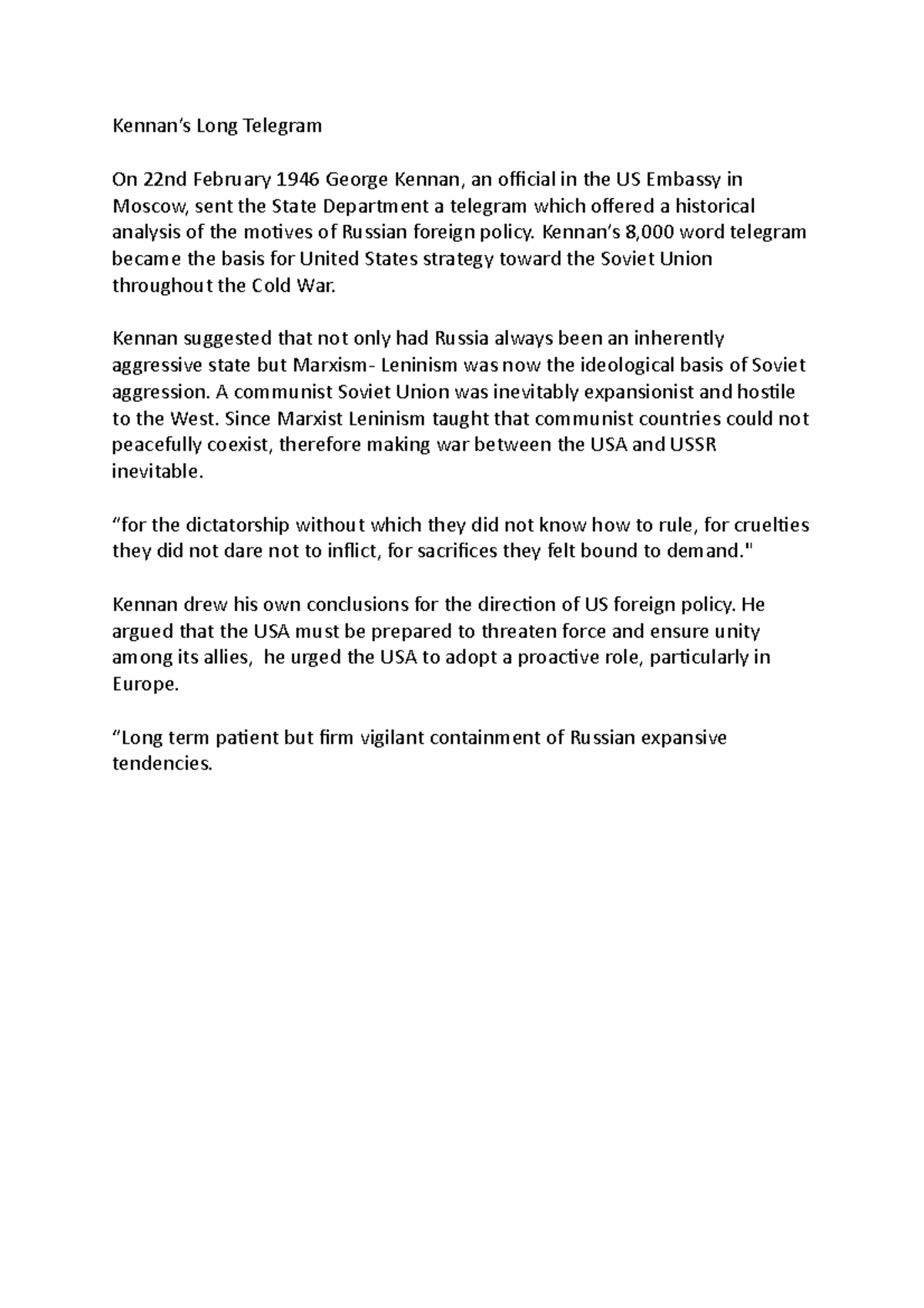 Kennan’s long telegram - Kennan’s Long Telegram On 22nd February 1946 ...