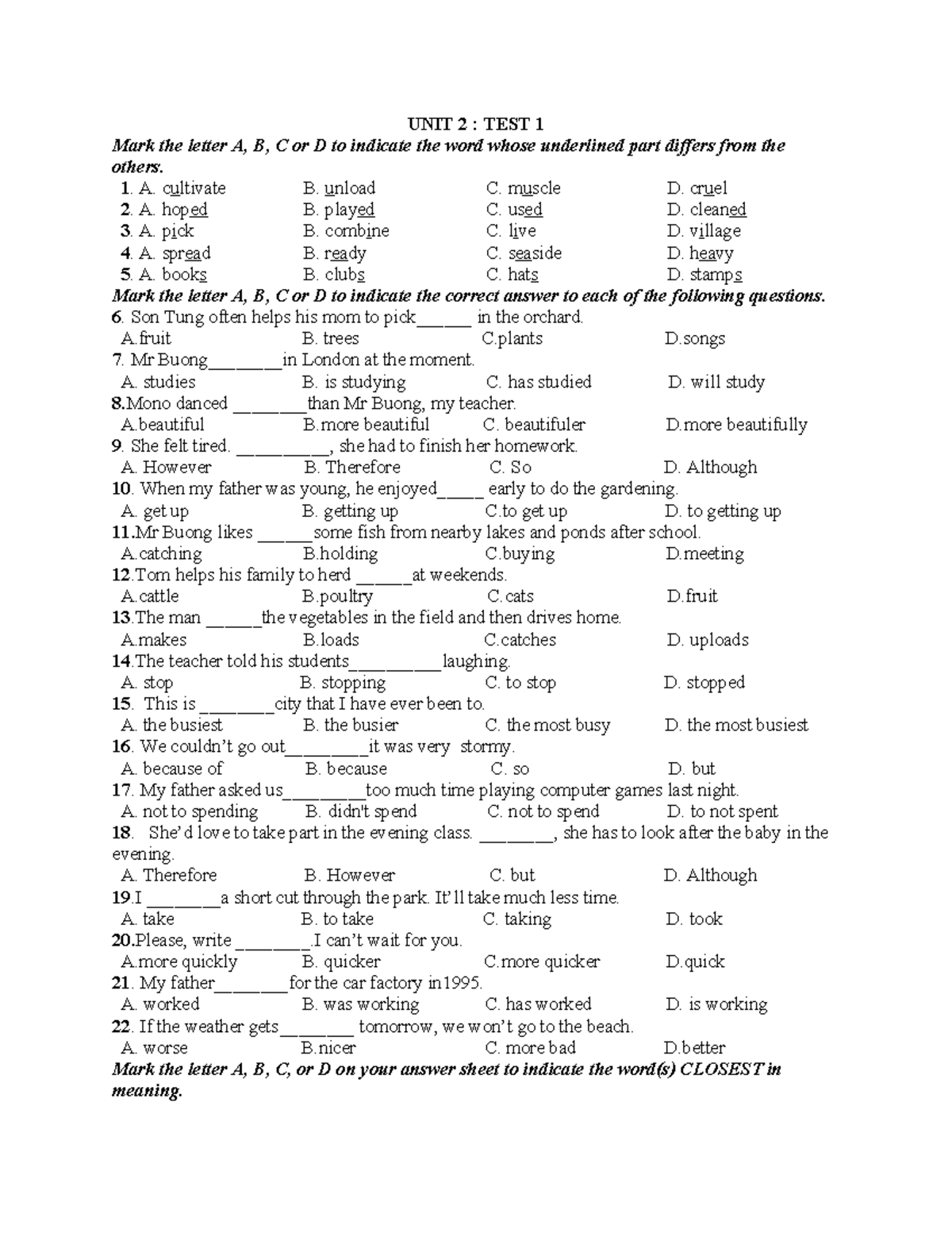 UNIT 2: TEST 1 - Vocabulary and Grammar Exercises - Studocu