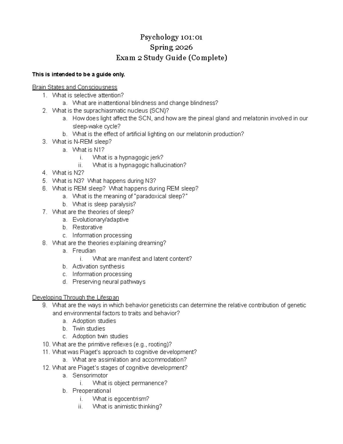 Psychology 101:01 Spring 2026 Exam 2 Study Guide (Complete) - Studocu