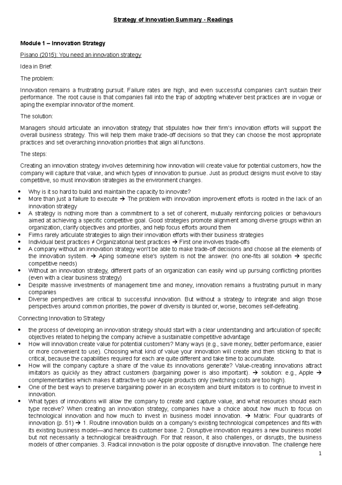 Strategy of Innovation: Summary of Key Readings and Insights - Studeersnel