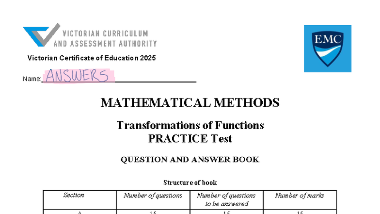 Transformations of Functions Practice Test 2025 Answers - Studocu