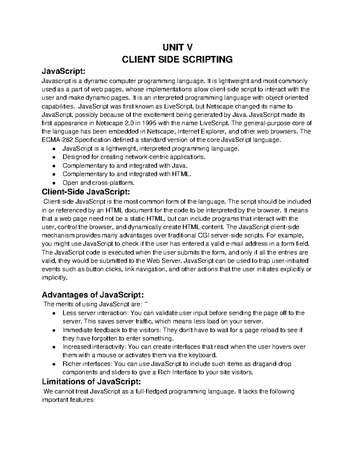 UNIT V: Client-Side Scripting with JavaScript - Overview and ...