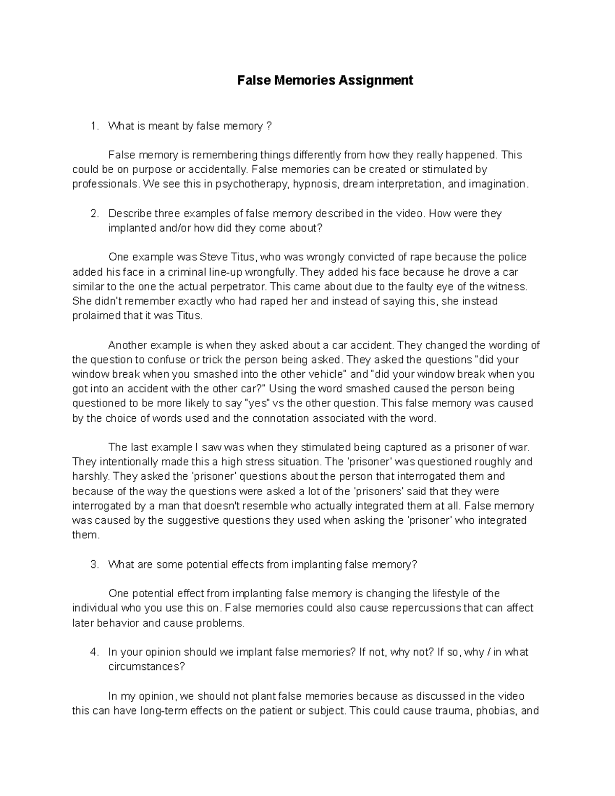 False Memory Paper - Classwork assigned, helpful for tests. - False ...