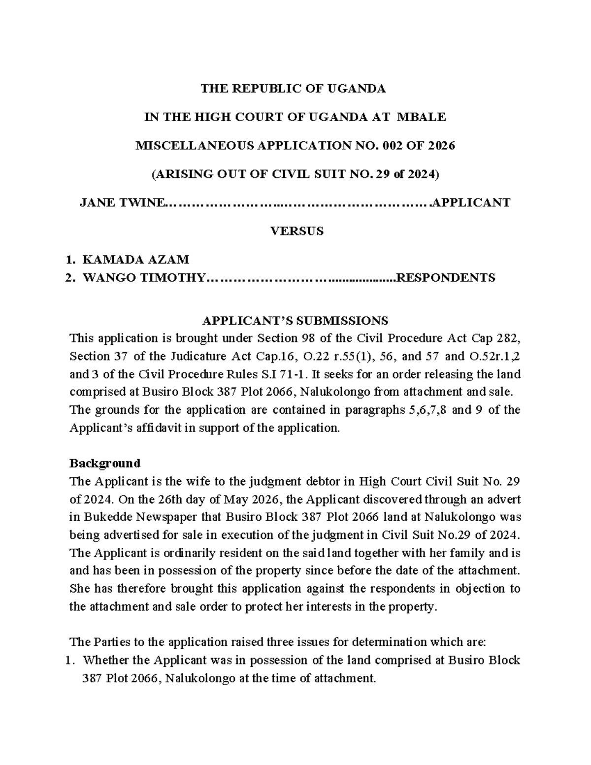 High Court of Uganda: Miscellaneous Application No. 002 of 2026 ...