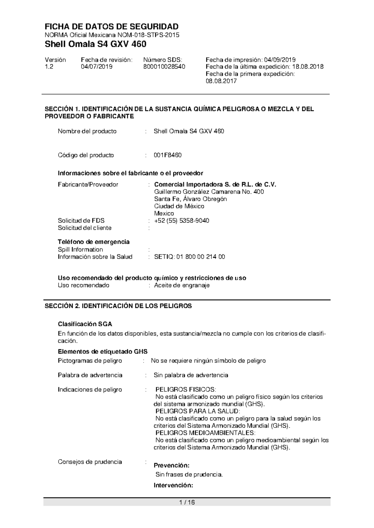 Ficha de Datos de Seguridad: Shell Omala S4 GXV 460 (Vers. 1.2) - Studocu