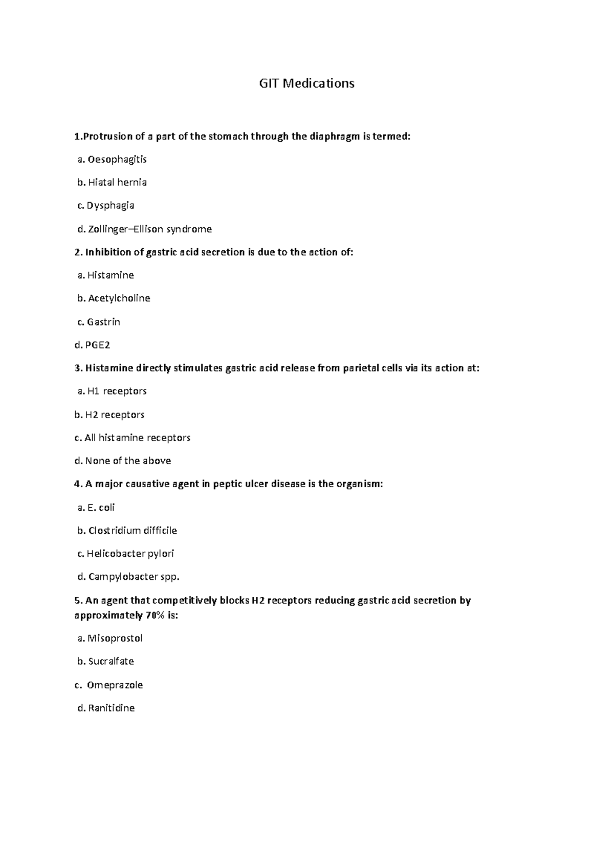 GIT Medications - Practice Questions for Exam Preparation - Studocu