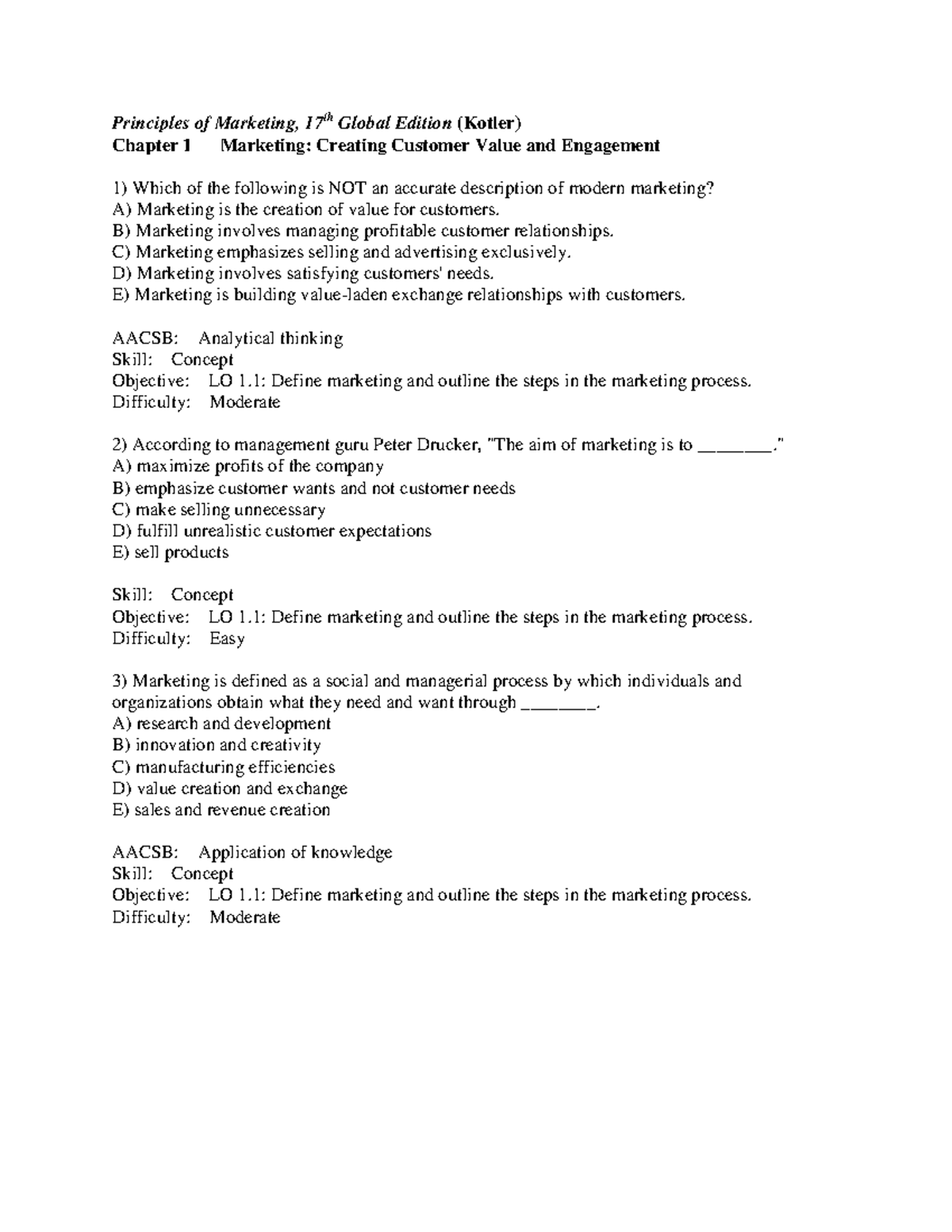 Chapter 1 - Marketing Principles Test Questions (MKT101) - Studocu