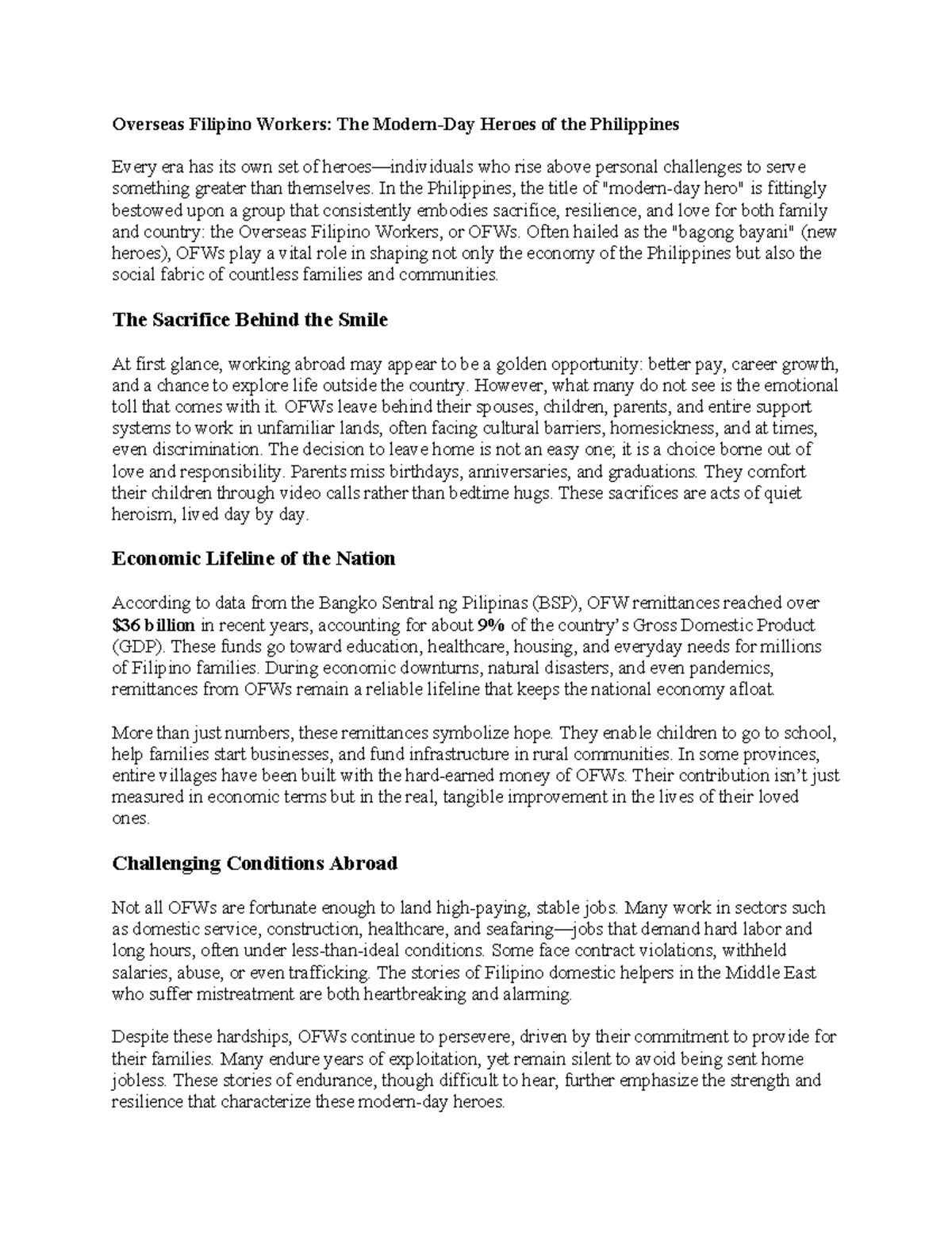 OFW Contributions and Challenges: The Modern Filipino Heroes - Studocu