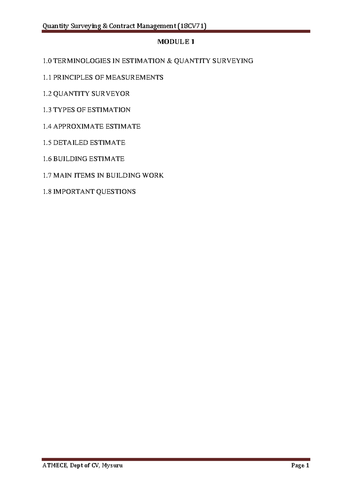Module 1 - Estimation & Quantity Surveying Notes (QST101) - Studocu