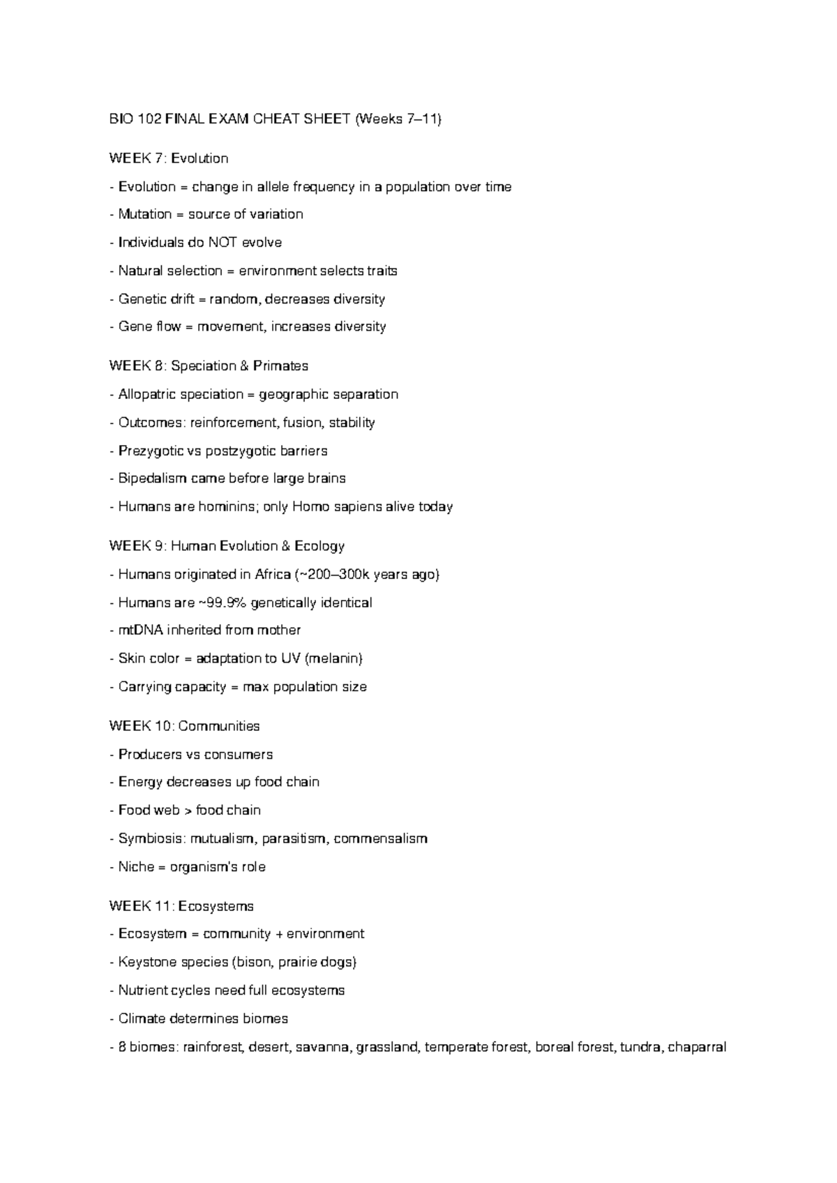 BIO 102 FINAL EXAM CHEAT SHEET: Evolution to Ecosystems - Studocu