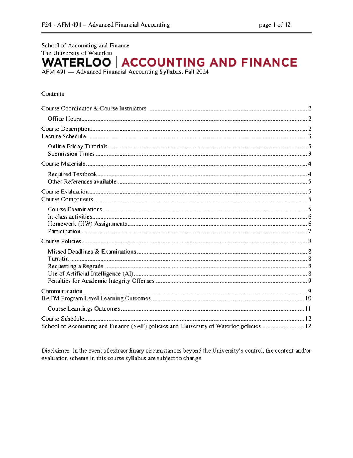 F24 AFM 491 - Advanced Financial Accounting Course Outline Fall 2024 ...