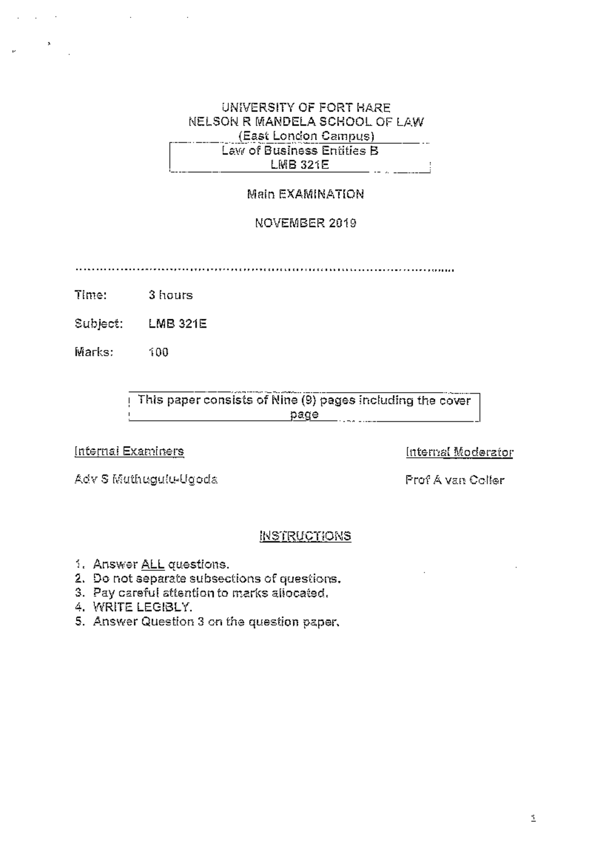 LMB321 - November 2019 Final Exam Question Paper on Business Entities ...
