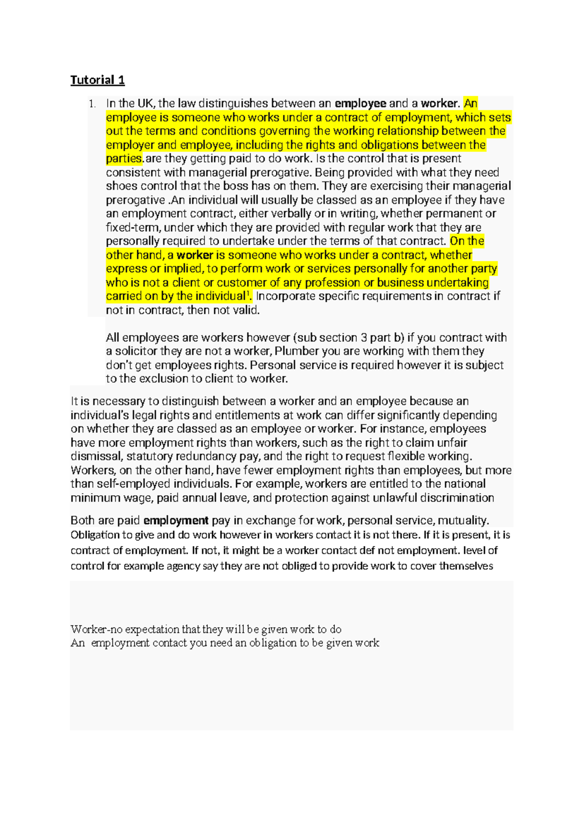 Employee Law Tutorial Notes: Distinguishing Employees from Workers ...