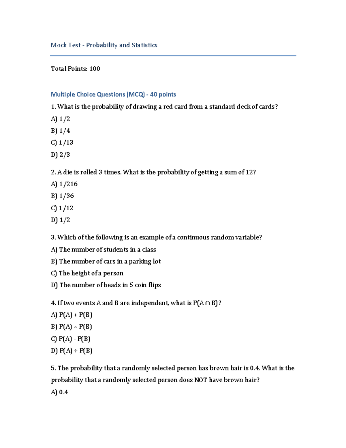 Mock Test - Probability & Statistics (Final Exam) - Studocu
