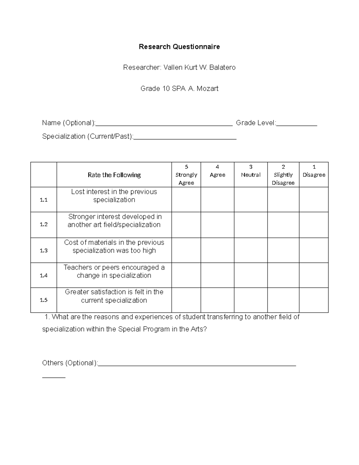 Grade 10 SPA Research Questionnaire on Specialization Transfer - Studocu
