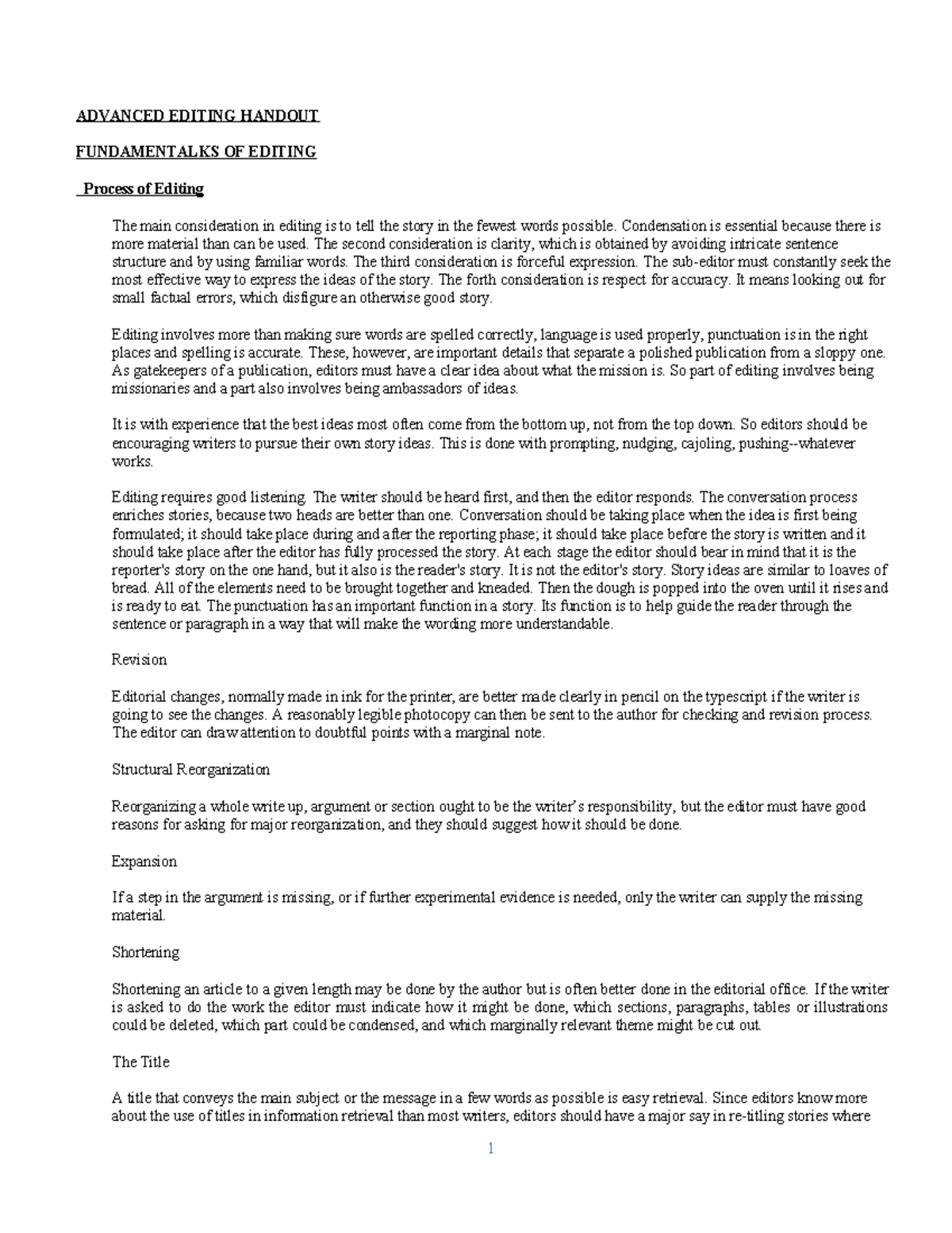 Fudamentals OF Editing 1 - ADVANCED EDITING HANDOUT FUNDAMENTALKS OF ...