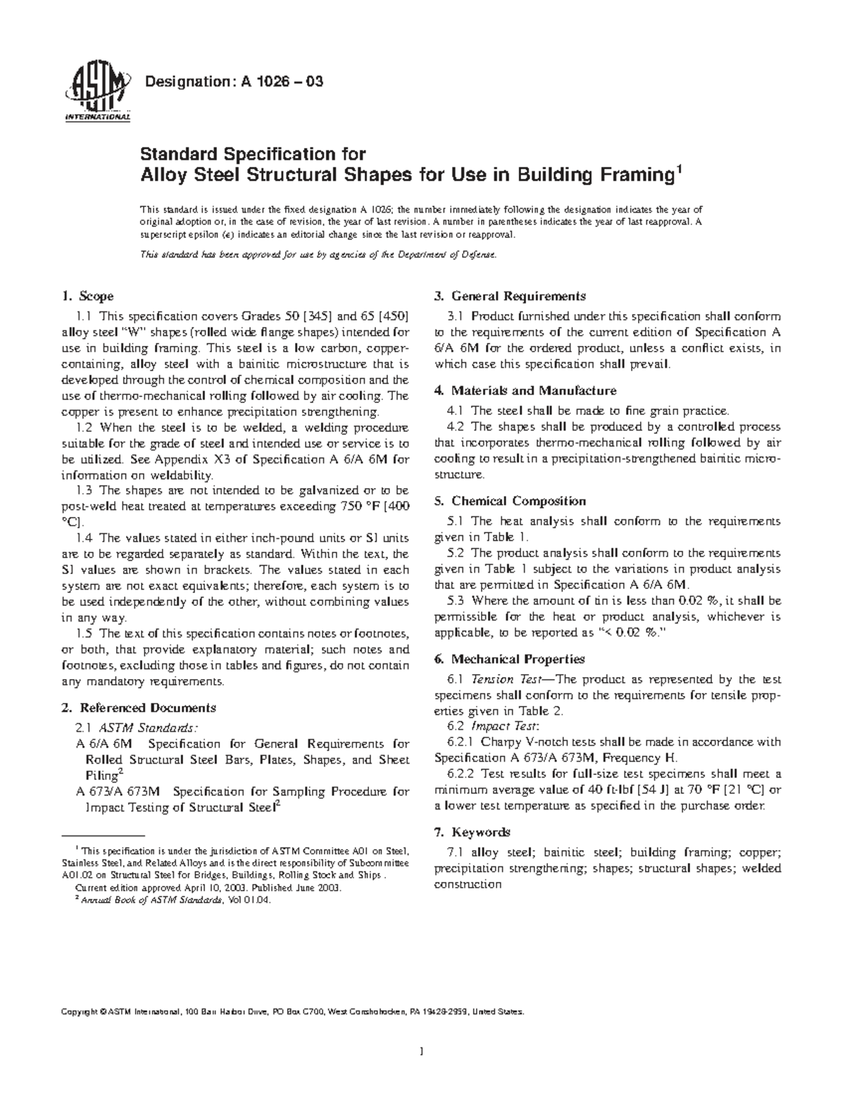 A 1026-03 Standard Specification for Alloy Steel Shapes in Framing ...