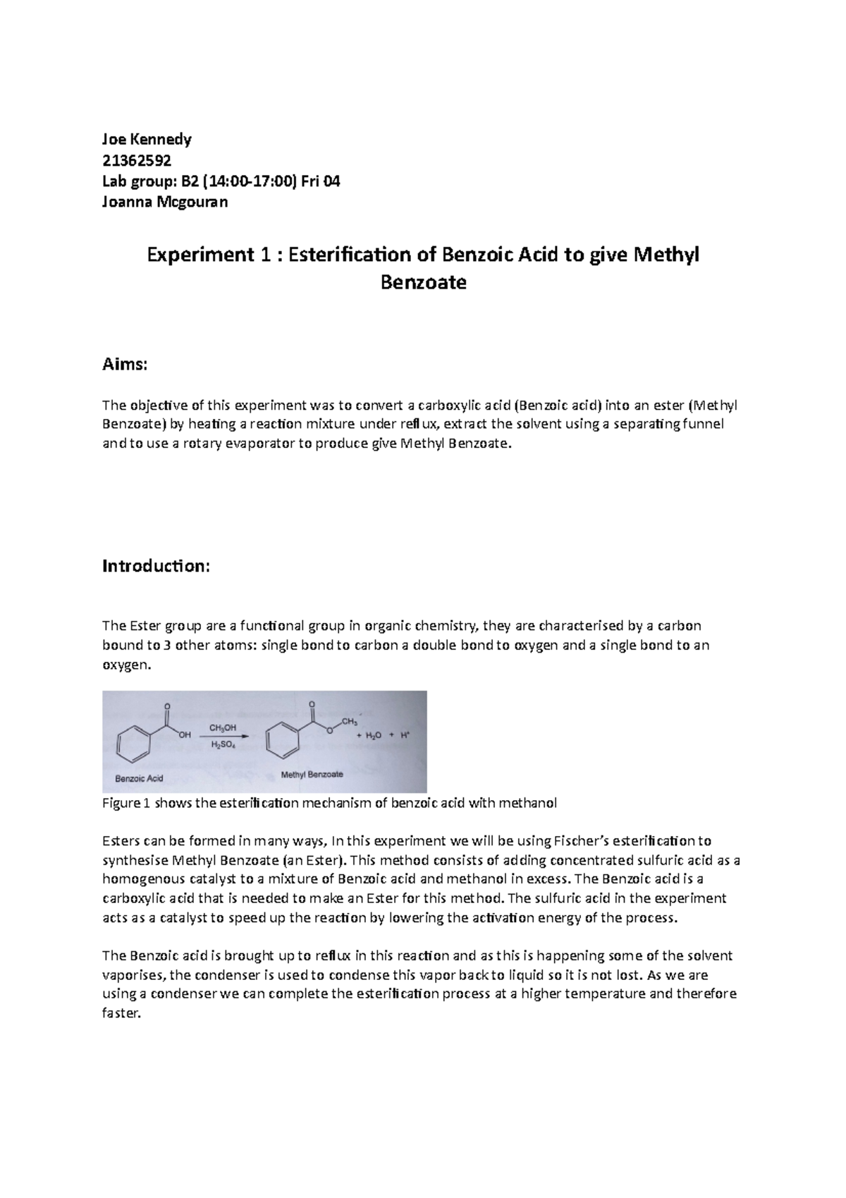 Esterification Lab Experiment: Benzoic Acid to Methyl Benzoate (CHEM ...