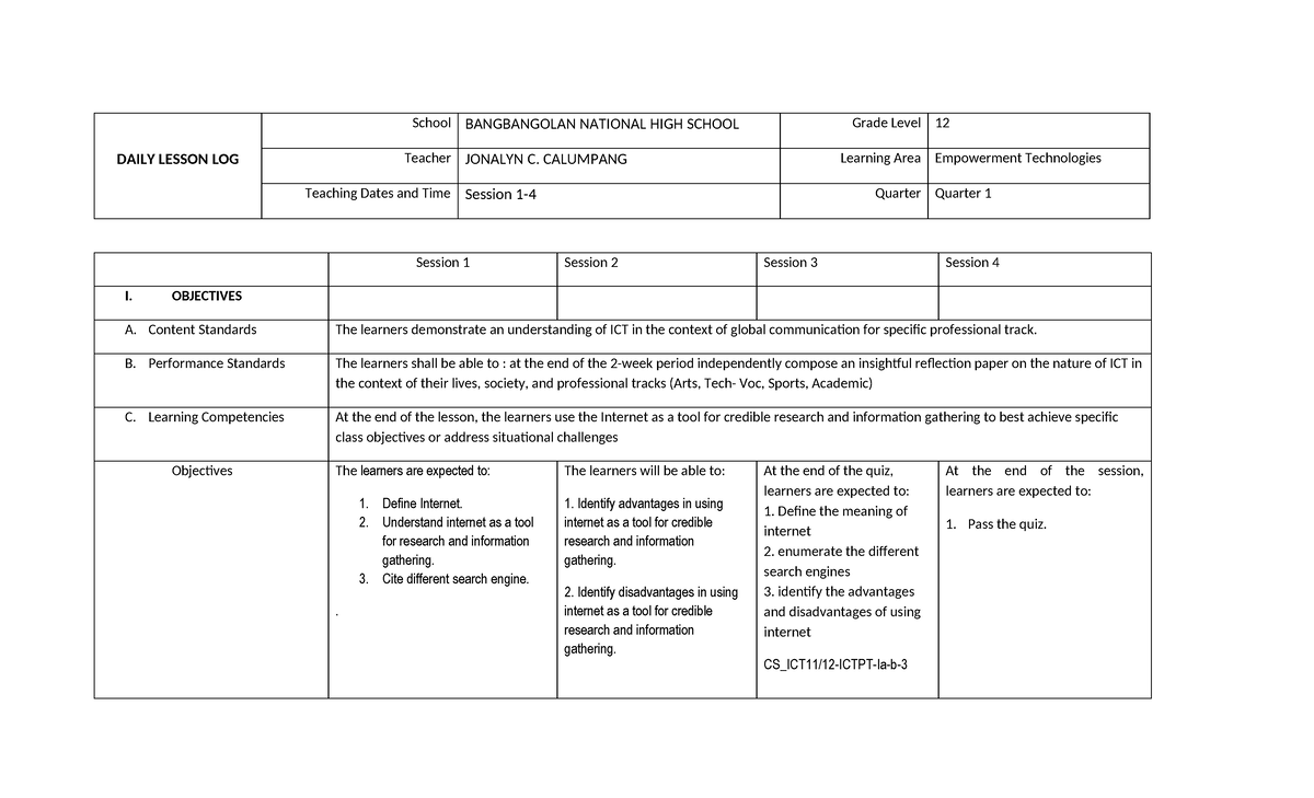 DLP 12 Empowerment Tech 1st Qtr Week 2 Lesson Plan - Studocu