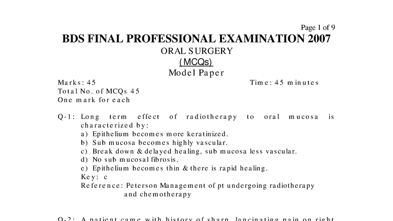 BDS 2007 FINAL EXAM ORAL SURGERY MCQs Model Paper Notes - Studocu