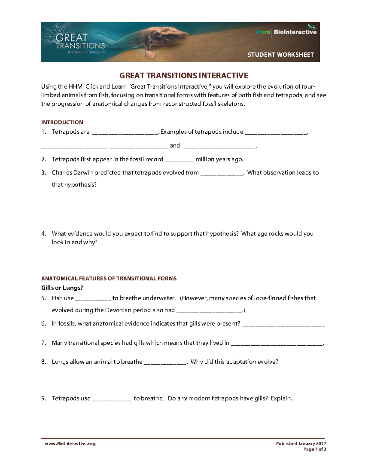 STUDENT WORKSHEET: GREAT TRANSITIONS IN TETRAPOD EVOLUTION - Studocu