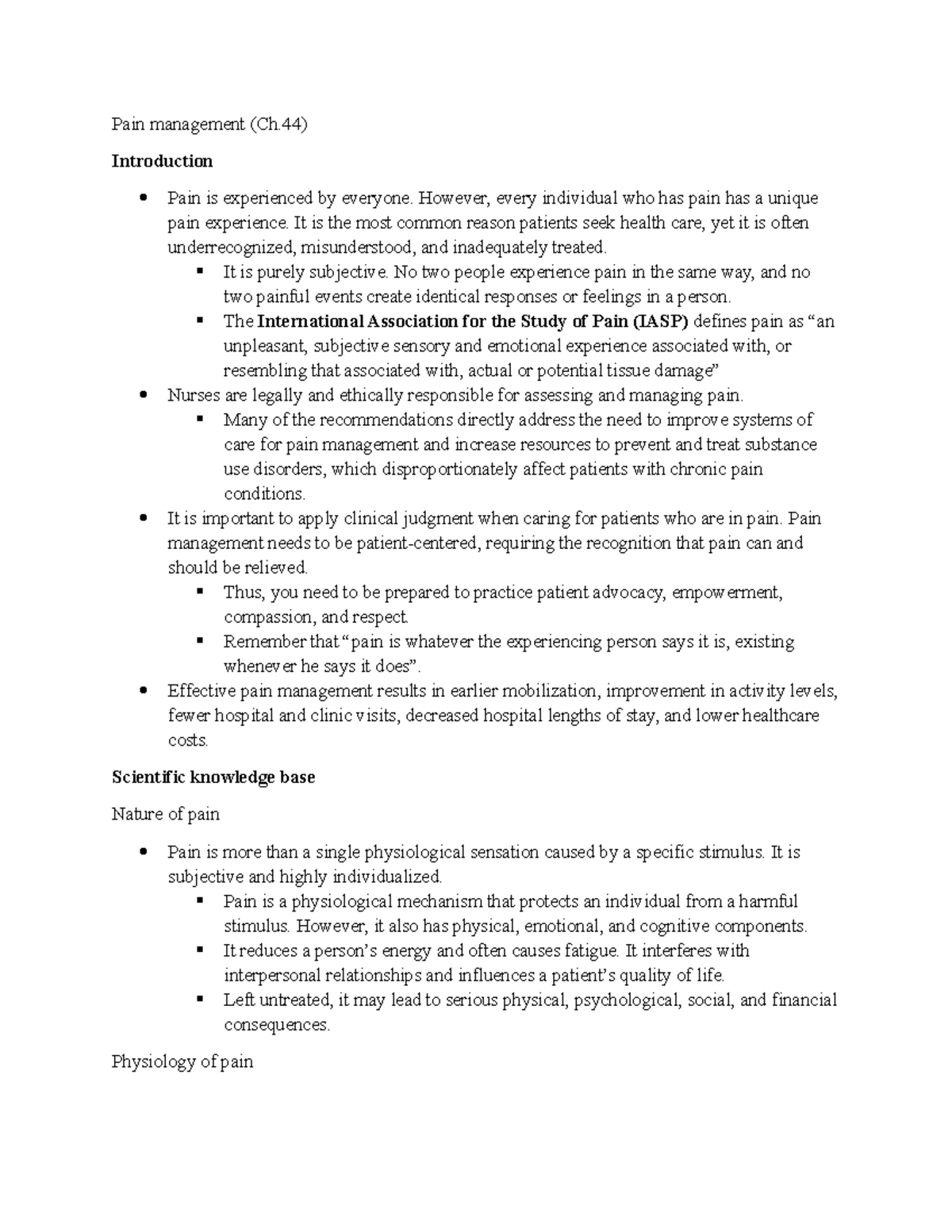 Pain Management (Ch. 44) - Foundations of Nursing Overview - Studocu