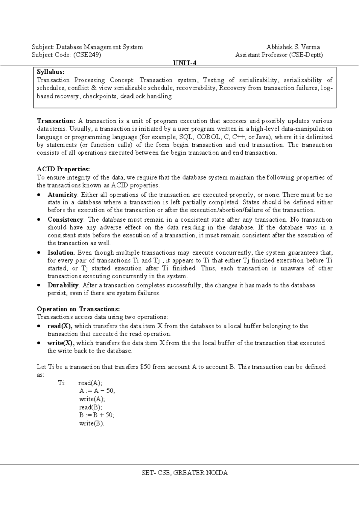 Unit 4 CSE249: DBMS Transaction Processing Concepts and Recovery ...