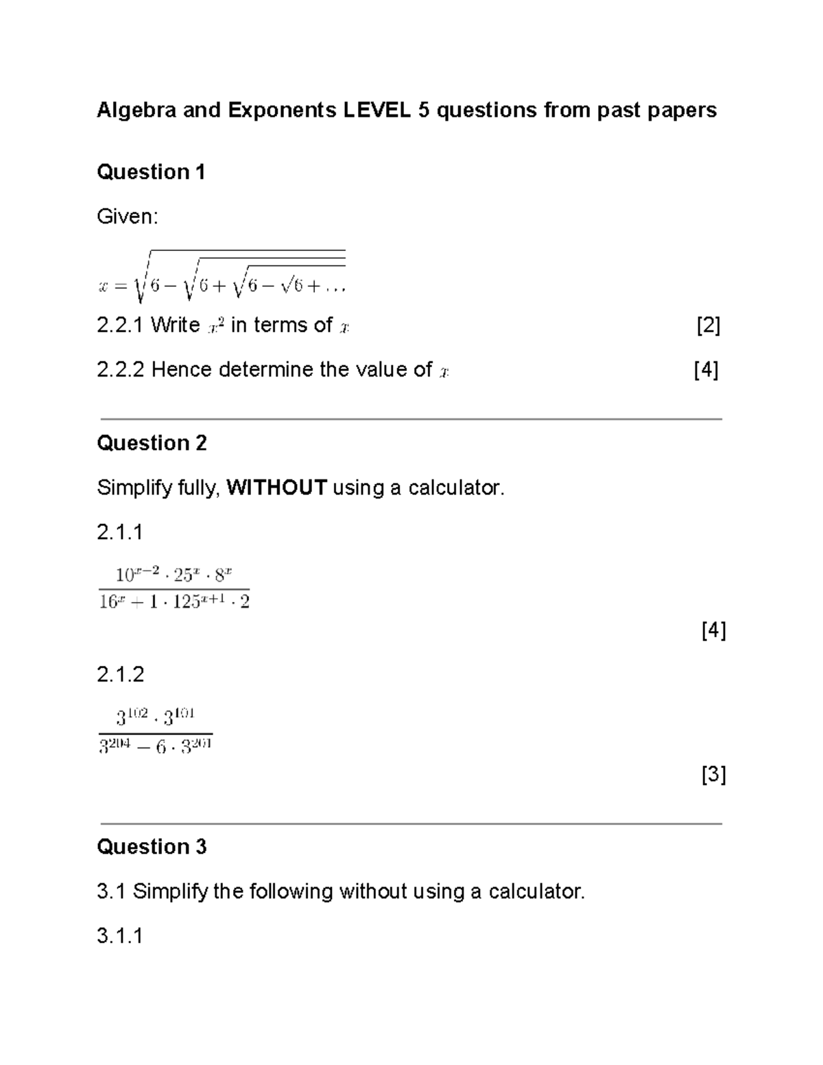 Algebra & Exponents Level 5: Past Paper Questions & Solutions - Studocu