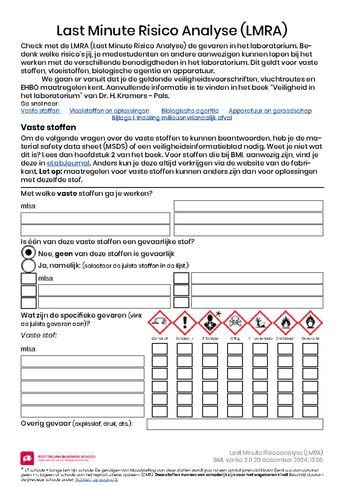 Last Minute Risico Analyse (LMRA) voor Experiment 6 in het Laboratorium ...