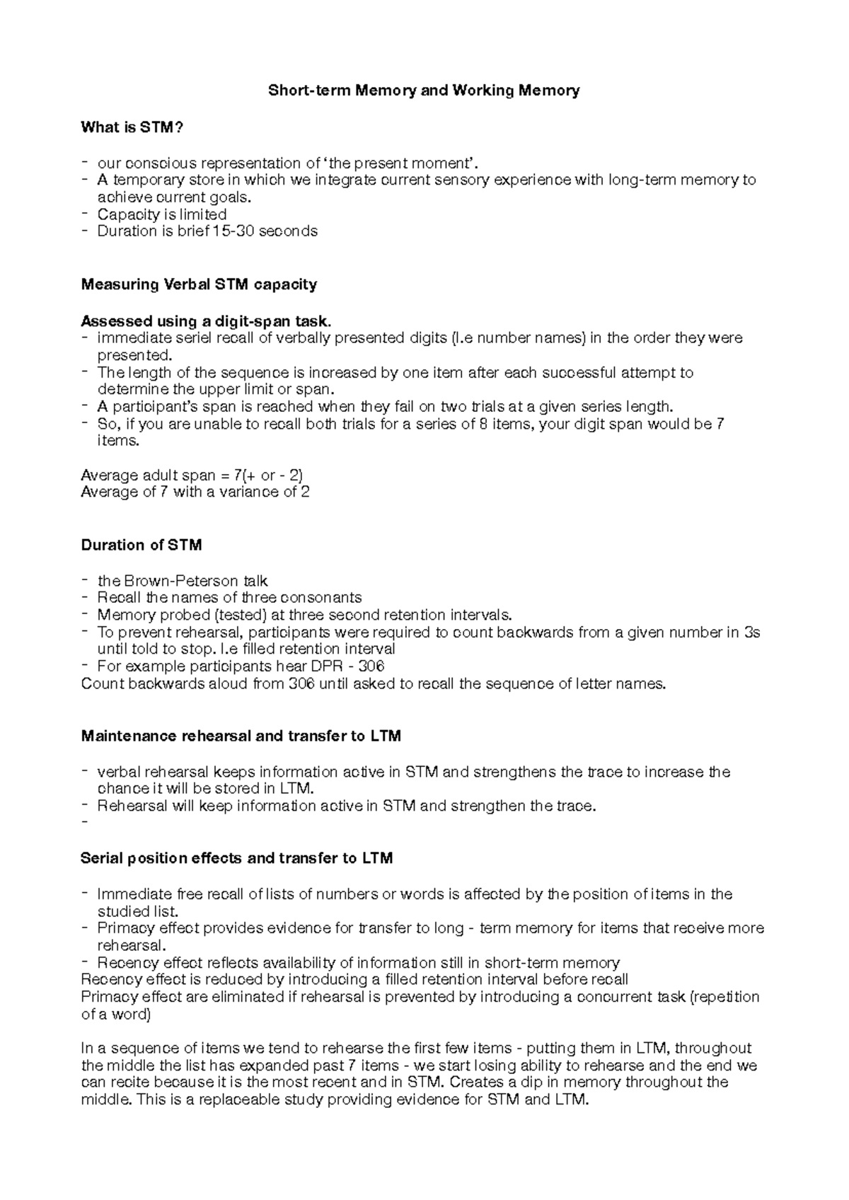 Psych 101 Week 4 Lecture 1: STM & Working Memory Insights - Studocu