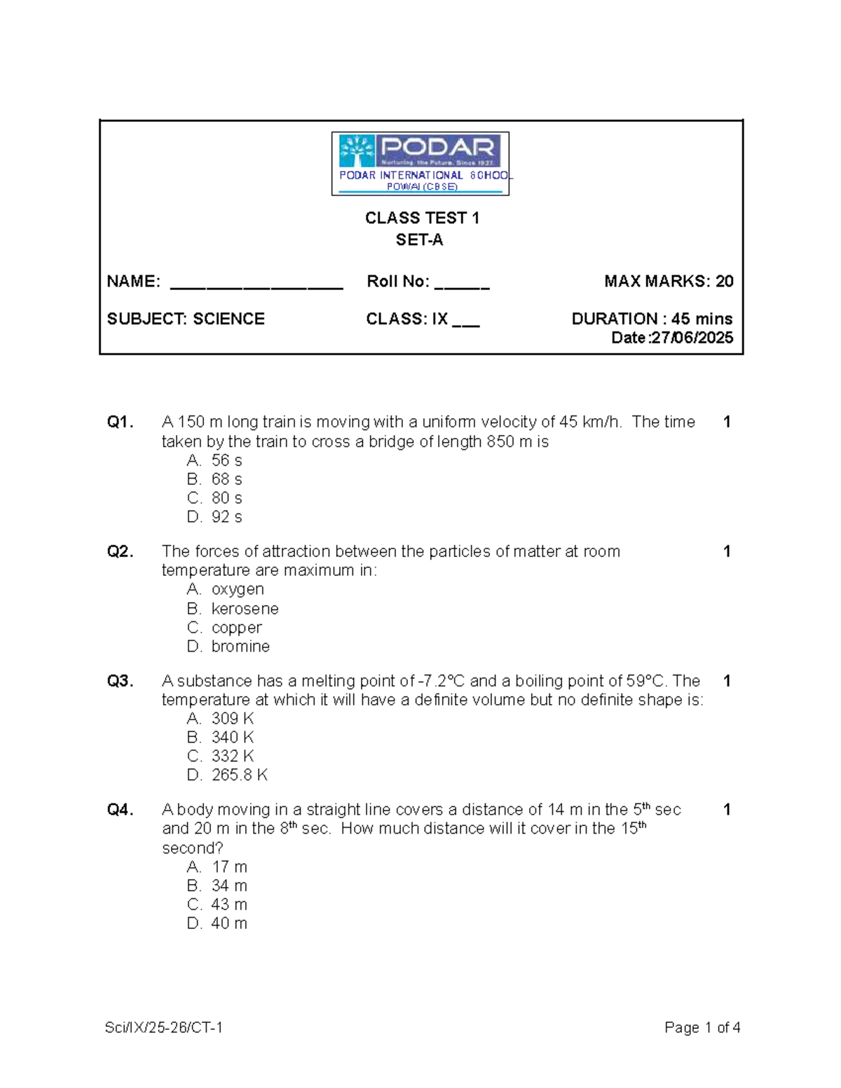 Grade 9 Science Class Test 1 (CT-1) Set A - June 25 - Studocu
