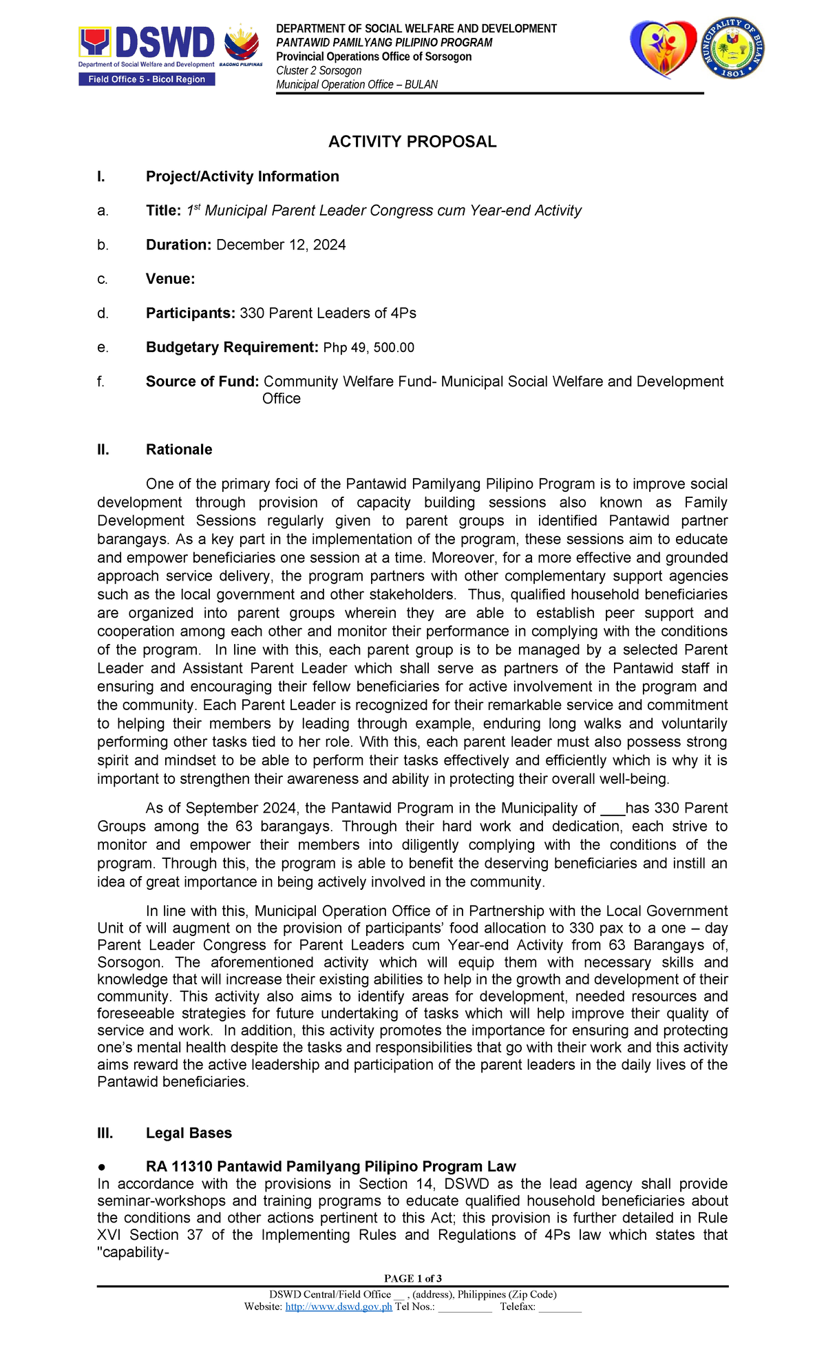 Activity Proposal for 1st Municipal Parent Leader Congress (4Ps) - Studocu