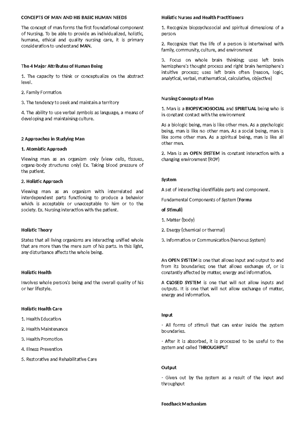 Nursing 101: Concepts of Man and Basic Human Needs in Holistic Care ...